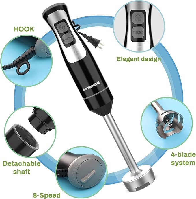 Immersion Blender Handheld, Hand Blender with 500ml Food Chopper, 600ml Container, Milk Frother, Egg Whisk, Puree Infant Food, Smoothies, Sauces and Soups – Black