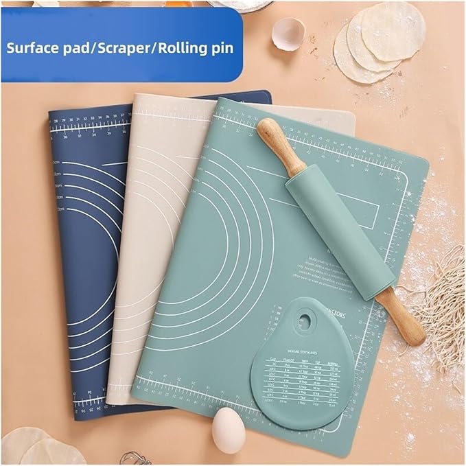 Silicone Measuring Kneading Pad Set Household Rolling Pin Dough Large Thick Non-slip Non-stick Bottom Baking Tool(Three piece set gree)