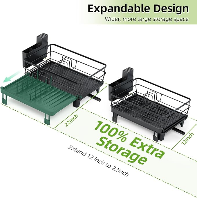 TOOLF Extendable Dish Drying Rack, Multifunction Dish Rack for Kitchen Counter, Large Expandable Dish Drainer,Dryer Rack with Drainboard & Utensil Holder, Black