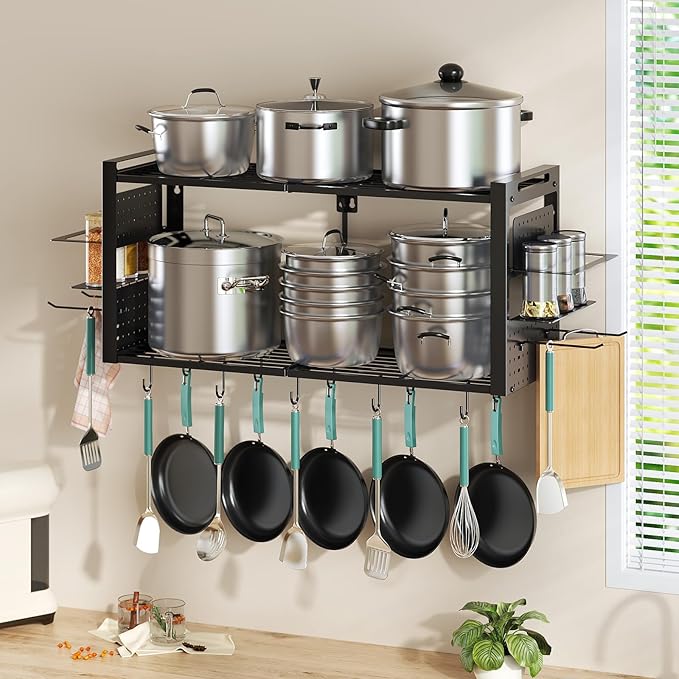31 Inch Pot Rack Wall Mounted, 2-Tier Pots and Pans Organizer with 20 Hooks & Pan Organizer and Spice Rack, Heavy Duty Hanging Pot Hanger for Kitchen Cookware, Utensils, Black