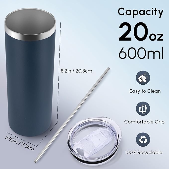 Volhoply 8 Pack Skinny Tumblers with Lid and Straw, 20oz Stainless Steel Straight Tumbler Bulk, Vacuum Insulated Coffee Mug for Home, Office, Travel, DIY (Navy,8 Pack)