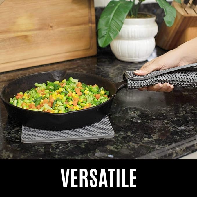 BPA-Free Soft Silicone 4 Piece Oven Mitts & Trivets Set - Ultra Heat Resistant Oven Mitts with Thick Cotton Liner - Long Slip Resistant Pot Holders, Flexible Oven Gloves - Gray