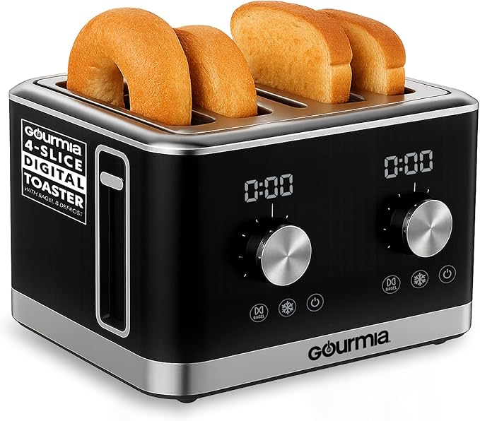 Gourmia 4 Slice Toaster, Double-Sided – Dual Independent Controls, Bagel, Defrost & Reheat Mode, 6 Browning Levels, Extra Wide Slots, Removable Crumb Tray, Compact Design, Black