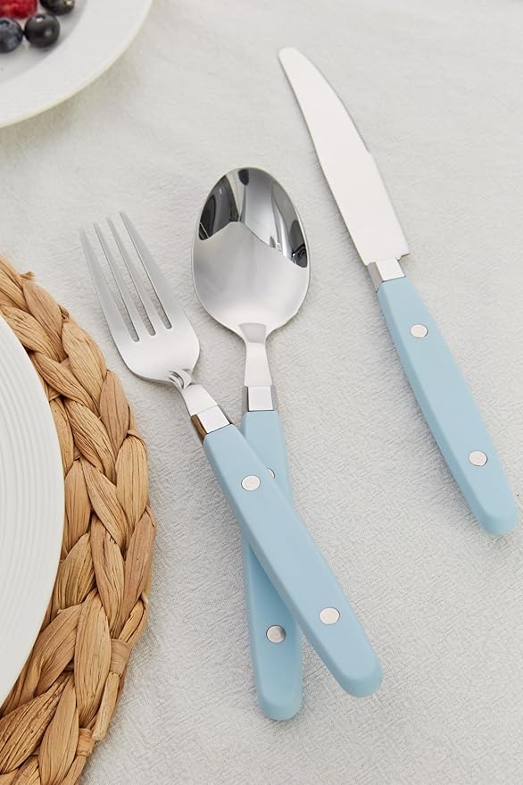ANNOVA Silverware Set, Retro/Rivet Colorful Stainless Steel Tableware Kitchen Flatware Set Utensils, Includes Dinner Knives, Forks, Spoons, Salad Forks & Dessert Spoons (Sky Blue, 20 Pieces)