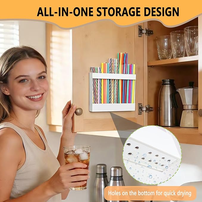 9.5" Large Acrylic Straw Holder for Cabinet Door-Reusable Tumbler Straw Organizer Storage,Small Kitchen Organizers and Storage Accessories Container, Ultra Sticky Cupboard Door Mounted(White)
