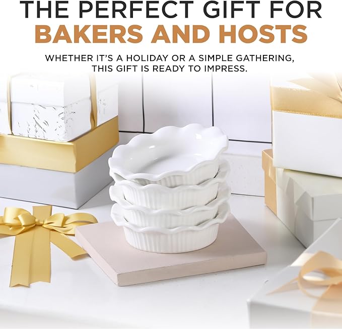Aunt Shannon's Kitchen White Ceramic Mini Pie Pans - Set of 4 - Small 5.5 Inch Pie Pans with Classic Fluted Rims - Individual Pot Pie Pans for Pot Pies, Quiches, Puddings - Pot Pie Baking Dishes