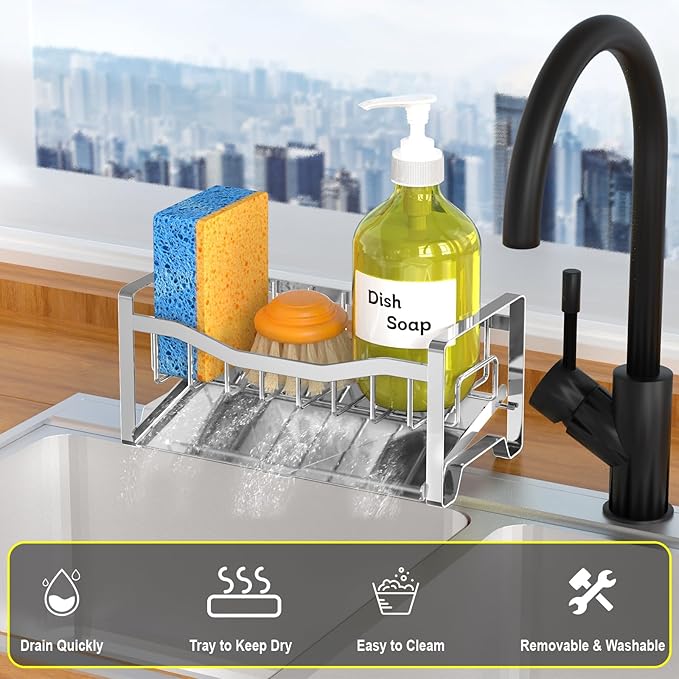 Maifan Stainless Steel Kitchen Sink Caddy Organizer with Auto Drain Tray, Sponge Holder for Countertop Storage Silver