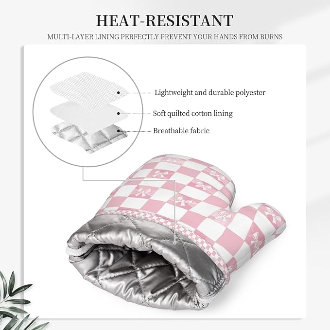 Oven Mitts and Pot Holders Pink Check Bow Pattern Silicone Kitchen Accessories Set of 4 Heat Resistant Long Gloves Potholder Non-Slip Grip for Chef Cooking Baking Grilling BBQ
