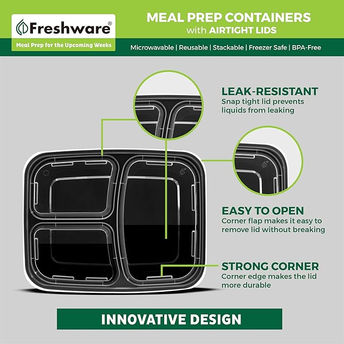 Freshware Bento Box Meal Prep Containers, 3-Compartment, 32 ounce, 15-Pack