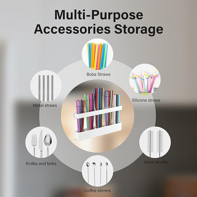 Straw Holder for Cabinet Door, Reusable Tumbler Straw Organizer Storage Container Mount for Kitchen Counter Cupboard Door (White, 9.5inch)