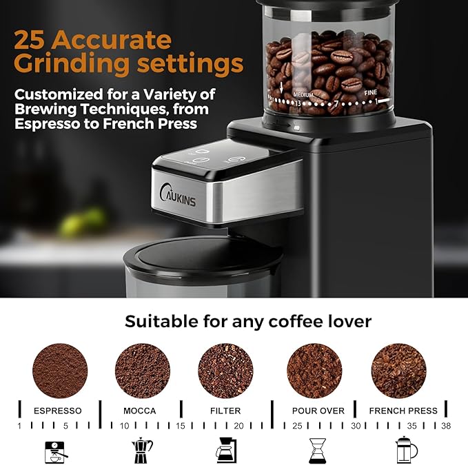Electric Coffee Grinder for Home & Office: Automatic Conical Burr Coffee Grinder wtih 25 Precision Grind Settings - 120g Expandable Hopper & Low Noise&Durable Design Perfect for Multi-Cup Brewing