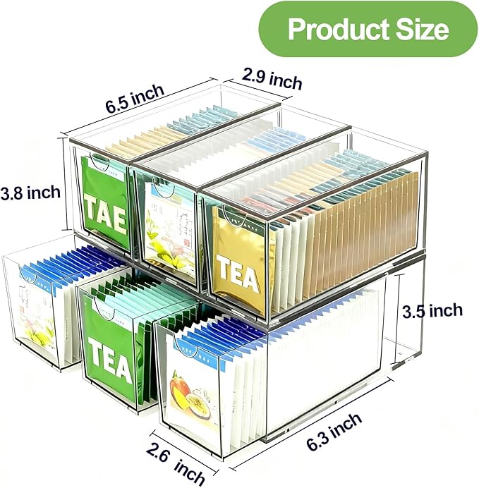 4 Pack Stackable Tea Bag Storage Organizer Drawers – Clear Acrylic Tea Bag Holder for Cabinet, Drawer, Pantry, Countertop – Kitchen Tea Storage Container