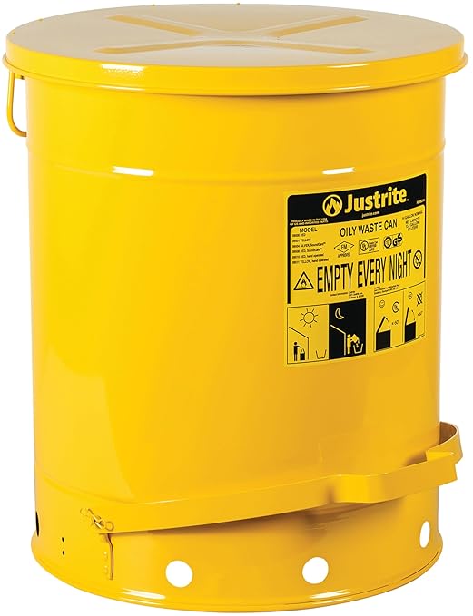 Justrite 14 Gallon Galvanized Steel Oily Waste Can, 20" x 16" Metal Oil Rag Safety Can with Foot Operated Self-Closing Lid for Oil Rag Disposal, Made in The USA, Yellow, 09501