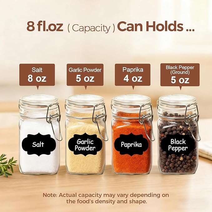 ComSaf Set of 6 Square Glass Jars with Airtight Lids (8 Oz), Pantry Canisters for Spices, Jams, & Herbs, Wire Clamp Jar for Overnight Oats, Pickling, Favors, Includes Labels & Funnel