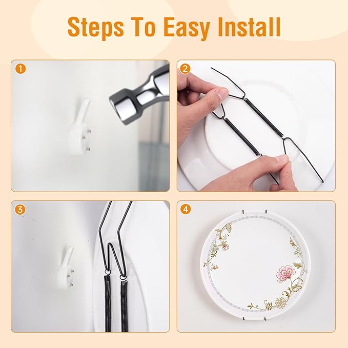 3 Pack Plate Hangers for The Wall, Suitable for 6-8 inch Art Plate, Stainless Steel Invisible Heavy Duty Wire Plate Holder with Wall Hooks, Plate Hangers for Displaying Plates, Platter, Dish, Black