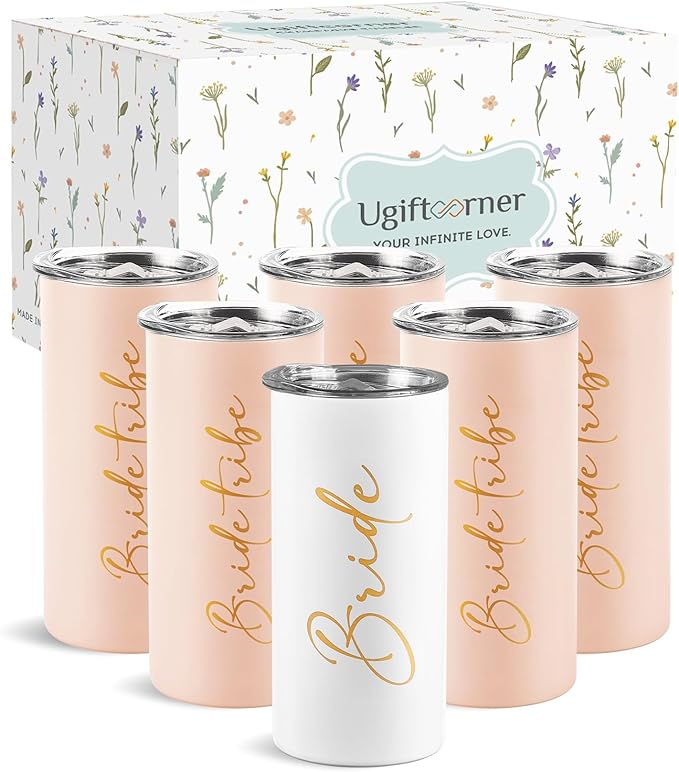 Bride Tribe Gifts Set of 6 Cups Bachelorette Party Favors Wedding Gifts for Bridesmaid Bride Stainless Steel Skinny Tumbler with Lid and Straw 15 OZ Pink