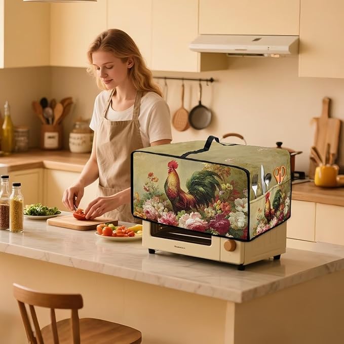 Air Fryer Toaster Oven Dust Cover Dust Protection Countertop Convection Oven Cover Stain-resistant Kitchen Appliance Protector, M, Chicken Rooster Vintage Floral