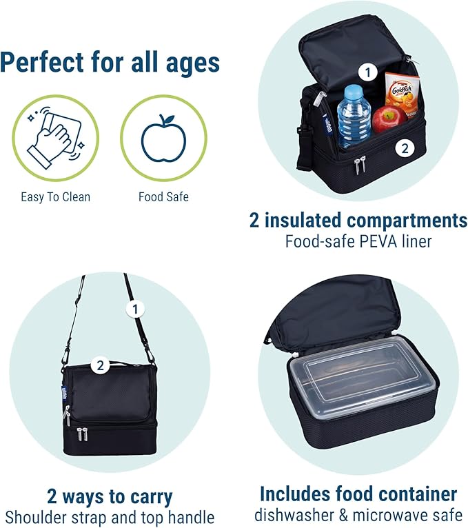 Wildkin Kids Two Compartment Insulated Lunch Bag – Keeps Food Hot or Cold, Easy-Clean Lining, Leak-Resistant & BPA-Free – Boys & Girls, Ideal for School, Travel & Daycare – Rip-Stop Black