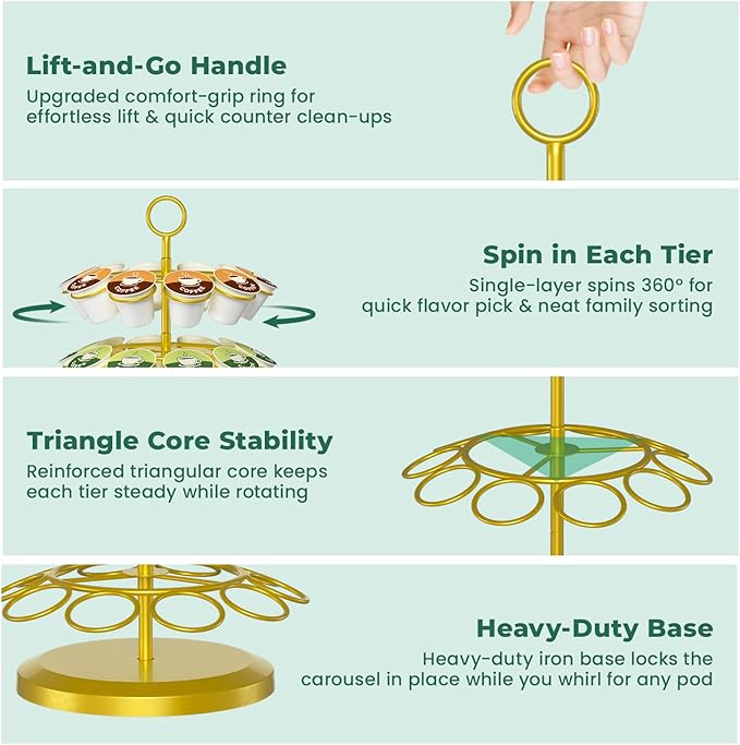 EsLuker.ly K Cup Holder Coffee Pod Organizer Carousel for Counter, Metal Storage Rack Stand for Kitchen, Rotatable 4 Tier Pod Tower Tree for 40 K Cups, Space Saving Meets Elegance, Gold