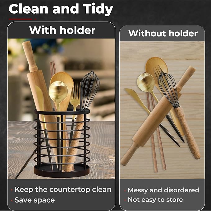 Utensil holder for Kitchen Counter - 5.2" x 5.2" x 6" Large Round Utensils Holder with Wooden Base Matte Black Cooking Utensil Holder，Kitchen countertop Utensil Organizer