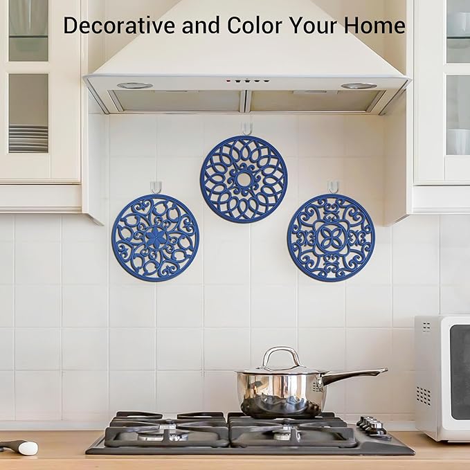 SMARTAKE 3 Set Silicone Trivet Mats, Multi-Use Carved Trivet Mat, Insulated Non-Slip Durable Kitchen Mats, Flexible Modern Kitchen Table Mat, for Hot Dishes, Pots, Dining Countertop, Navy Blue