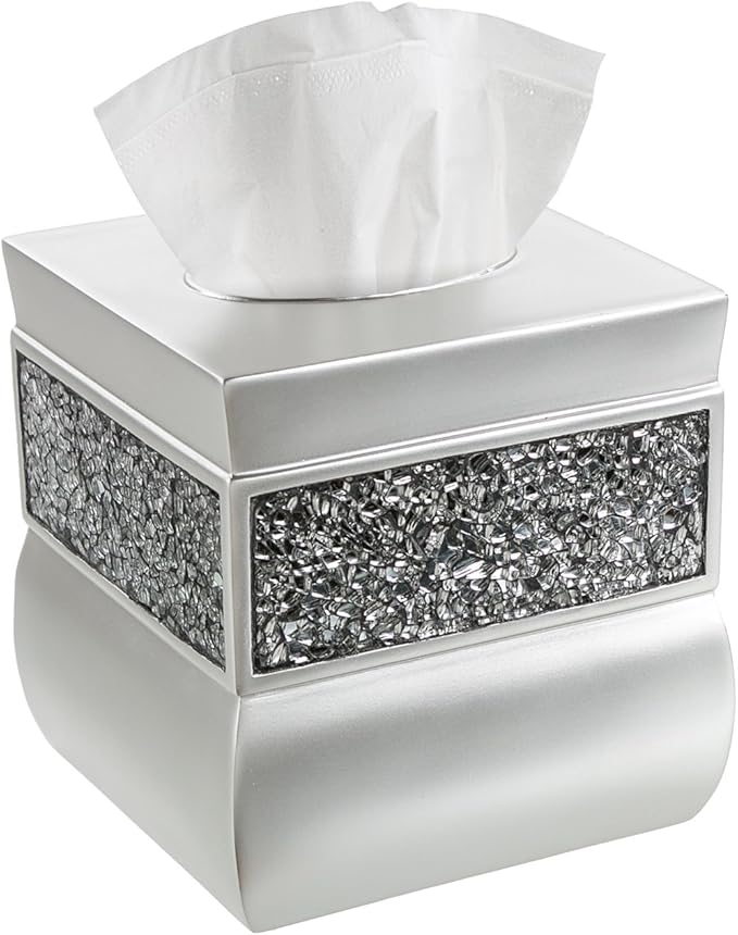 Creative Scents Crackled Glass Silver Tissue Box Cover Square - Decorative Tissue Box Holder - Tissue Holder Vessel for Bathroom with Durable Bottom Slider, Elegant Home or Bathroom Decor