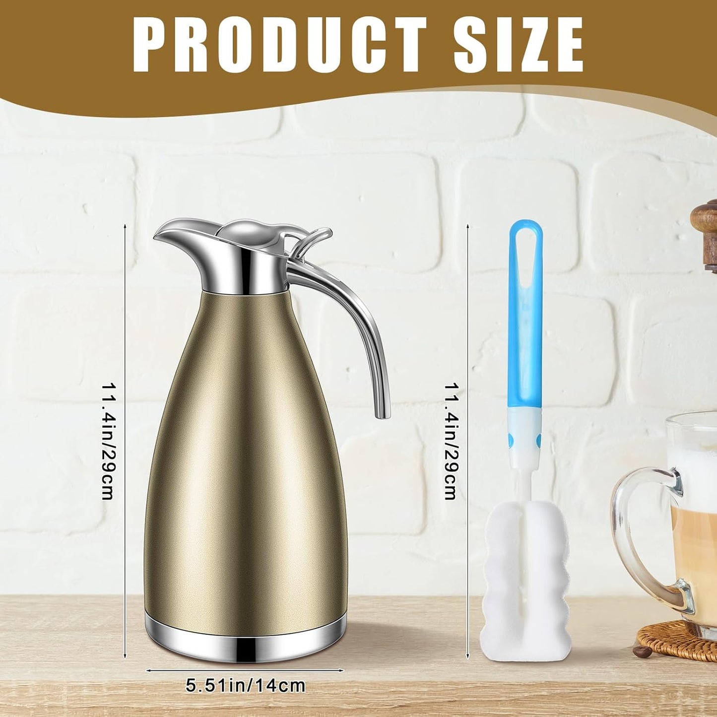 Uiifan 2 Pcs 68 oz Thermal Coffee Carafe Insulated Stainless Steel Coffee Carafe for Hot Liquids Vacuum Thermal Pot Creamer Dispenser with Brushes Keeping Hot Tea Milk Water(Champaign Gold)