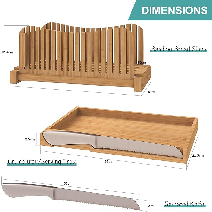 Bread Slicer for Homemade Bread,Cakes, Bagels- Bamboo Bread Slicer with Serrated Knife, Adjustable Guide for 3 Thickness Sizes, Foldable Chopping Board with Crumb Tray& Knife