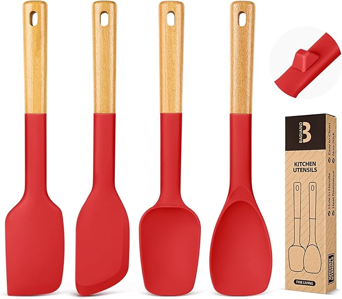 Silicone Spatula Spoon Set, Great for Mixing, Folding, Scraping, and Spreading, Sturdy BPA-Free Matte Silicone, Wooden Handle Rubber Spoonula for Nonstick Cookwares,4 Pack (RED)