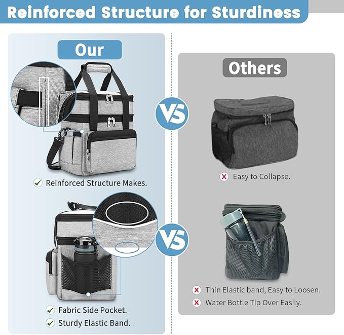 holuxer Insulated Lunch Bag & Lunch Box for Men - Double Deck Reusable Lunch Bag for Women Tote Cooler Bag Leakproof Soft Expandable - Large Lunchbox for Work/Adult/Picnic/Outdoor (Gray，15L)