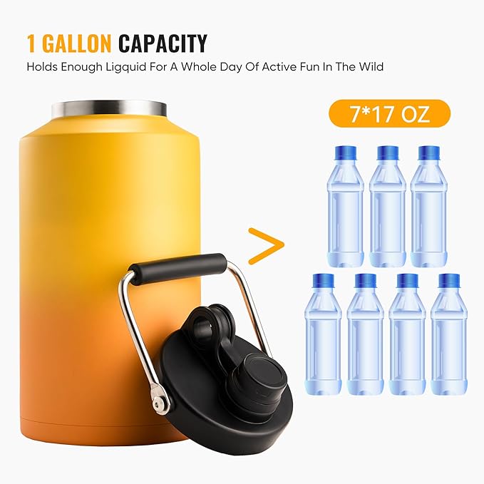 Kerilyn Insulated Gallon Jug with Handle, One Gallon, 128oz Stainless Steel, Large Double Vacuum Water Bottle for Hot & Cold Drinks, Wide Mouth, Sweat Proof, Great for Travel, Camping, Orange