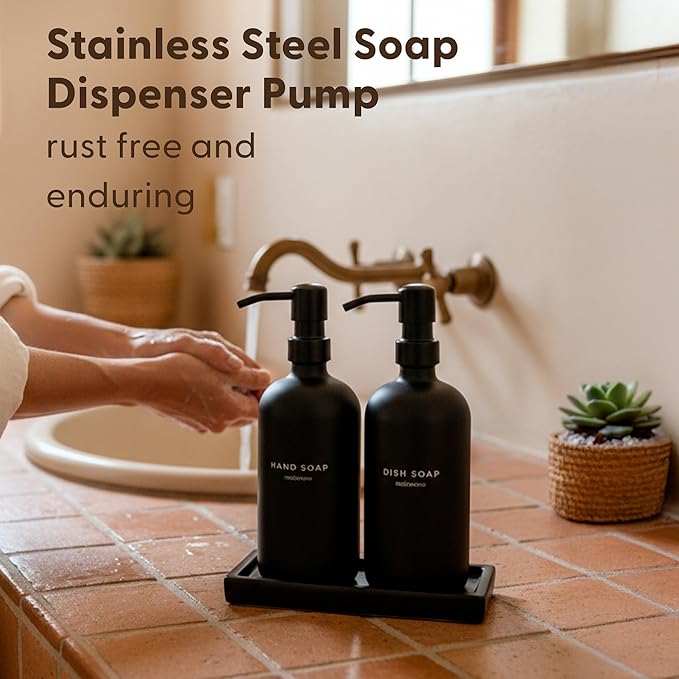 MaisoNovo Black Soap Dispenser Bathroom - Soap Dispenser Set with Black Soap Dispenser, Black Pumps & Ceramic Tray