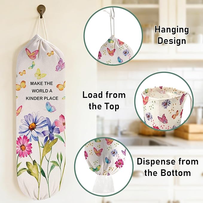 2PCS Butterfly Plastic Bag Holder for Kitchen Essentials, Reusable Hanging Grocery Bag Organizer, Washable Large Grocery Trash Garbage Bags Storage Dispenser Butterfly Kitchen Decor