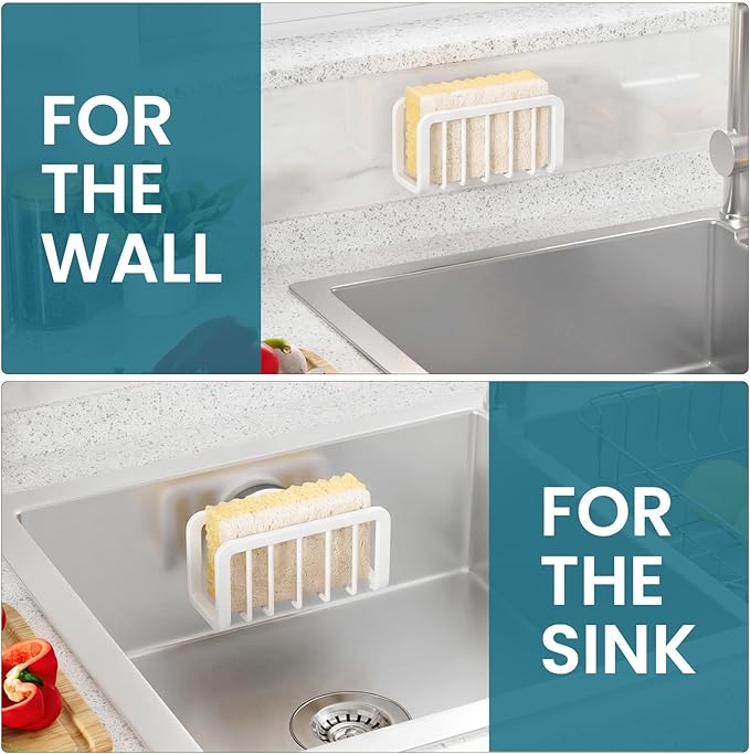 TAILI Sponge Holder for Kitchen Sink with Strong Suction Cup, Rustproof Aluminum Sink Caddy for Sponges, Removable Sponge Holder, Dish Brush for Scraper - White