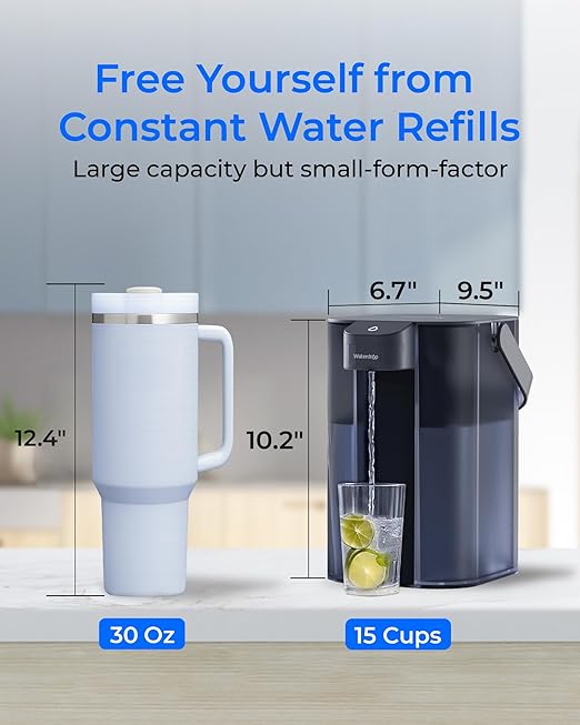 Waterdrop ED01AB Electric Water Filter Pitcher, Alkaline Rechargeable Water Dispenser, with 1 Filter, Instant 200-Gallon 15-Cup Countertop Purifier, Reduce PFOA/PFOS, Chlorine, Lead, Blue