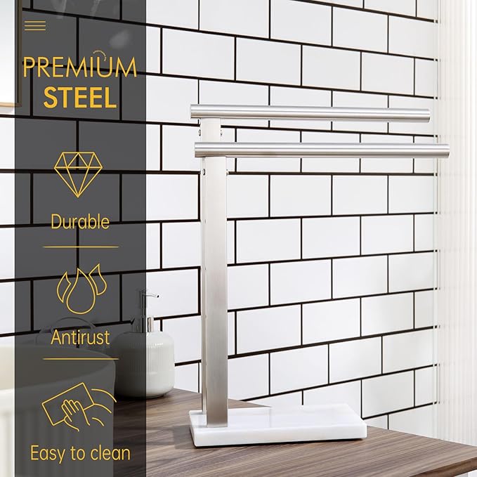 KOKOSIRI Hand Towel Holders Standing Towel Bars 2-Tier with Marble Base for Bathroom Vanity Countertop, Brushed Stainless Steel 15.7'' Height THS0007-BR