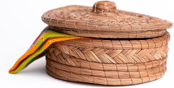 Authentic Mexican Tortilla Warmer Basket - Pine Needle Handwoven with Handloomed Cloth (Natural 7" w cloth)