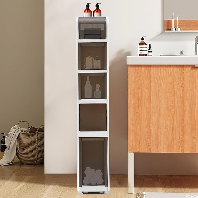 Slim Waterproof Narrow Bathroom Cabinet with Trash Bin Compact Design with Drawers and Toilet Paper Holder Movable Bathroom Organizers for Small Spaces (5Tier/37.8in H)