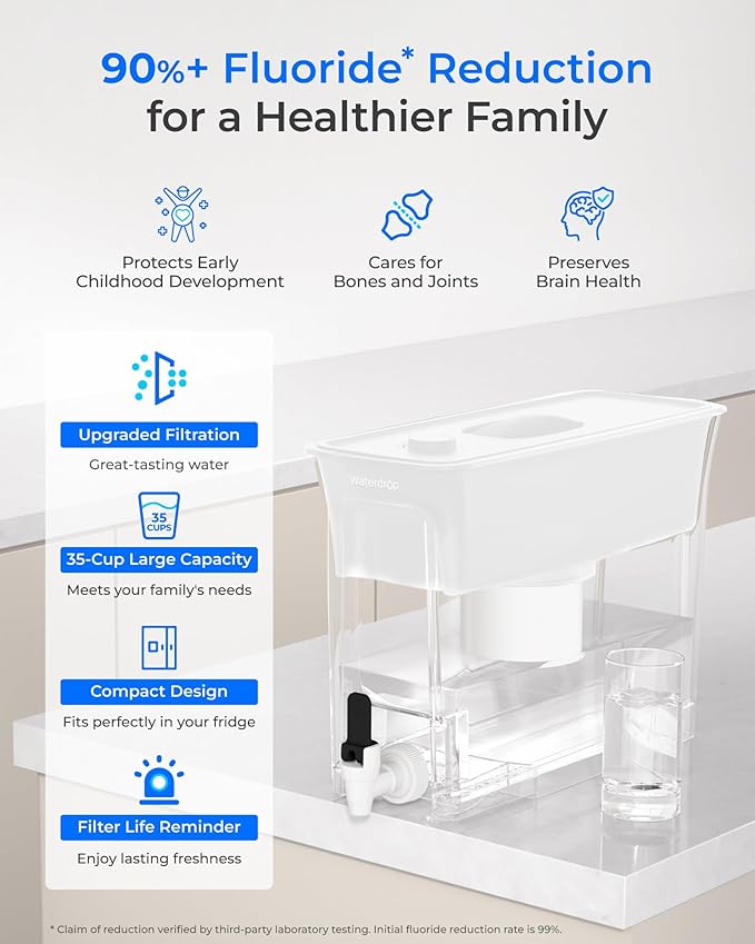 Waterdrop Fluoride-Reducing Water Filter Dispenser, 35-Cup, 150-Gallon Long-Life, Large Capacity, Reduces Chlorine, PFOA/PFOS and More, BPA Free, White (with 1 Filter)