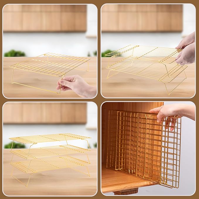 Cooling Rack for Baking 3 Tiers, 16" x 10" Cookie Cooling Wire Rack Stackable Collapsible Nonstick, Stainless Steel Baking Cooking Cooling Racks with Optimum Air Flow, Gold