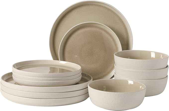 Gibson Elite Tahoe Sunset 12-Piece Reactive Stoneware Dinnerware Set – Matte Exterior & Shiny Interior Plates and Bowls, Durable Everyday Dish Set, Microwave & Dishwasher Safe - Taupe
