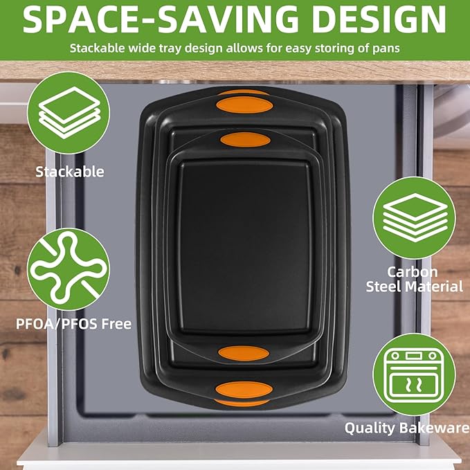 5-Piece Nonstick Baking Pans Set - Premium Carbon Steel Bakeware with PFOA/PFOS/PTFE-Free Coating, Red Silicone Handles (Black Orange)