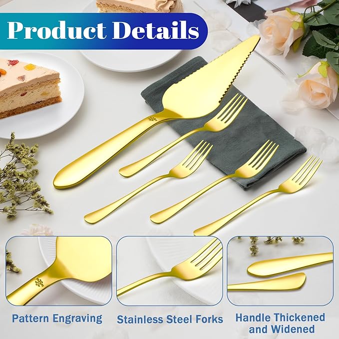 Eisinly 1 Pcs Cake Pie Server and 4 Forks Set for Wedding, Elegant Pizza Slicer Server Set with Stainless Steel Big Serrated Edges, Cake Cutter Pie Spatula for Birthday Anniversary, Gold