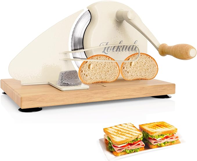 Upgrade Manual Bread Slicer for Homemade Sourdough - Adjustable Thickness & Evenly Slice, Bread Slicer with Scale Lines, Hand Crank, Suction Cups and Bread Guide for Sandwiches, Toast, Bagel, Baguette