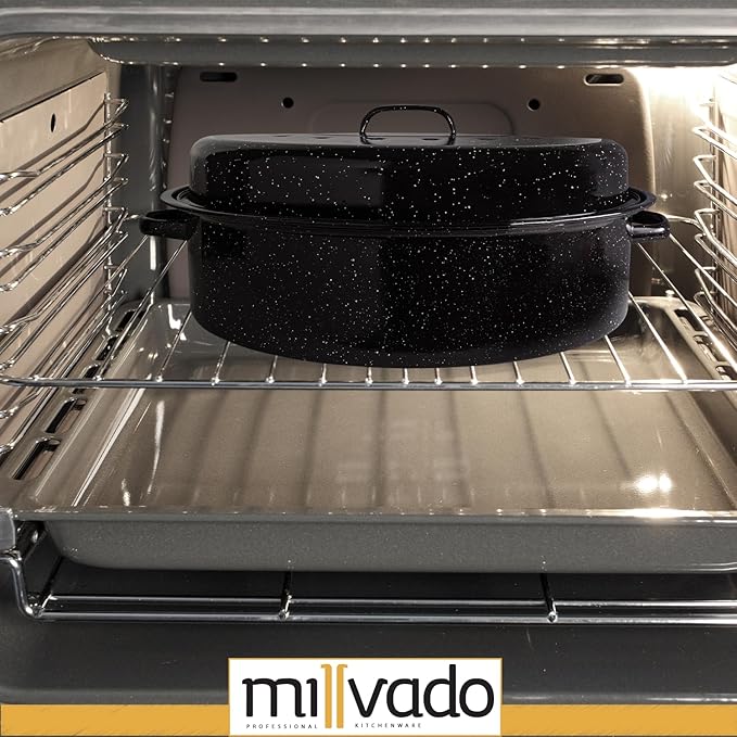 Millvado Roasting Pan With Lid, Turkey Roaster Pan, Extra Large 15 lb Capacity, 18" Granite Oven Roaster Oval Shaped Speckled Enamel on Steel Cookware