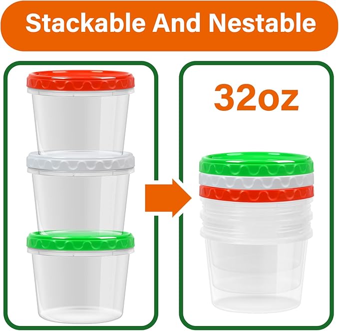EONJOE 32oz Plastic Containers with Lids,Reusable Freezer Meal Prep Food Leftover Storage Jars Bowls Stackable,12-pack