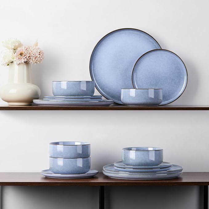 E-far 6-Piece Reactive Glaze Dinnerware Sets, Ceramic Dishes Set for 2, Stoneware Plates and Bowls Dinning Ware, Microwave & Dishwasher Safe - Ocean Blue