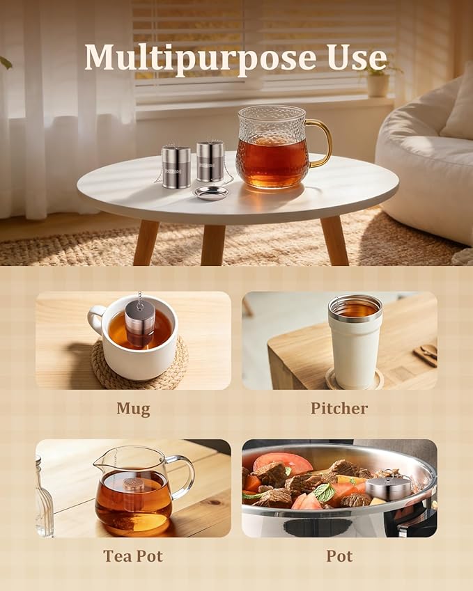 House Again 2 Pack Large Tea Infusers, Extra Fine Mesh Tea Strainers for Loose Tea, Updated Slim Threaded Lid & 304 Stainless Steel, Loose Leaf Tea Steeper for Brew Tea Spices & Seasonings
