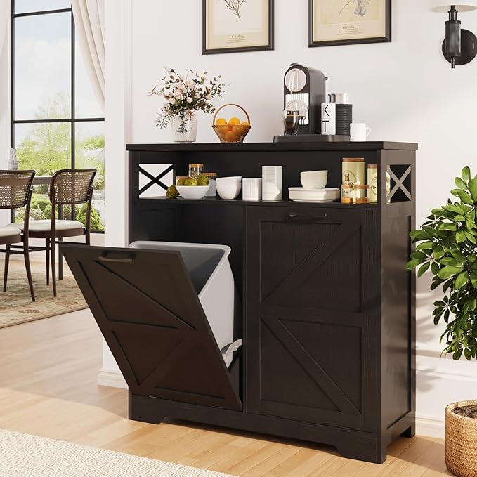 Befrases Double Tilt Out Trash Can Cabinet for 13 * 2 Gallon Garbage Can, Farmhouse Kitchen Garbage Trash Bin for Hidden Laundry Basket, Dual Dog Proof Recycling Cabinet for Dining Living Room, Black