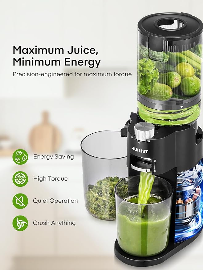 Juilist Cold Press Juicer, High Yield, Quiet Masticating Slow Juicer, Nutrient Preservation, Easy to Clean, Space Saving, Whole Fruit Vegetable Juicer for Home Use, BPA Free (Black)